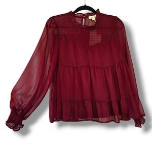 Greige Boho Blouse M Peasant Top Baloon Sleeve Mock Neck Burgundy Red Sheer